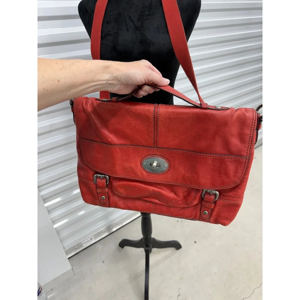 Fossil Long Live Vintage Red Leather Messenger Crossbody Bag Satchel Large
